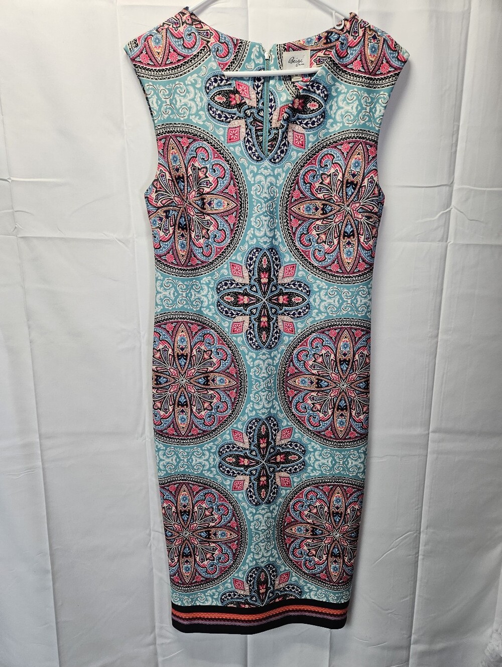 ECI Multicolor Paisley Sheath Dress in Aqua, Pink and Black Sz 10, NWOT